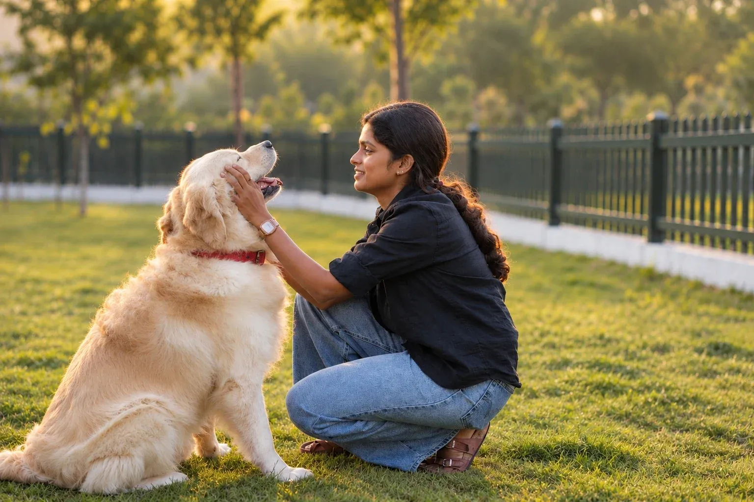 Bhoomika Suresh, founder of Kutty Paws, with a golden retriever