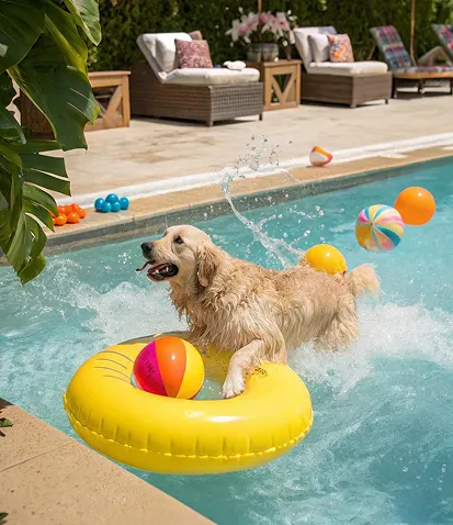 A dog leaping into the swimming pool
