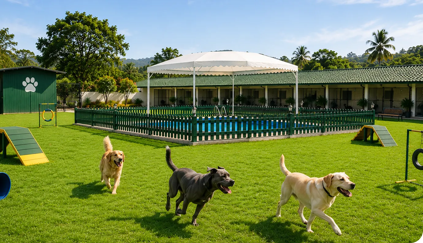 The Kutty Paws grounds with the pool and play area