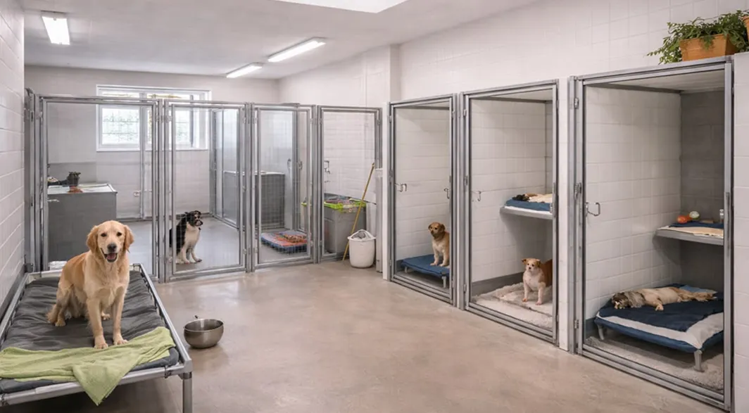 Indoor boarding kennels with dogs on raised beds