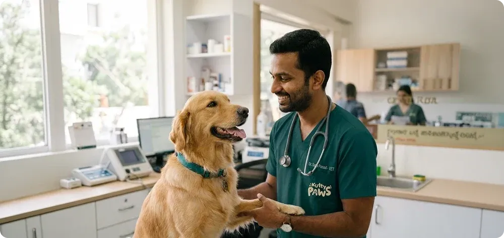 A Kutty Paws veterinarian with a golden retriever on the clinic table