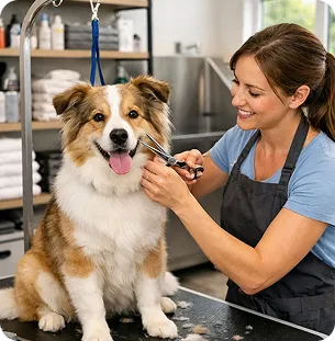 A groomer trimming a long-coated dog