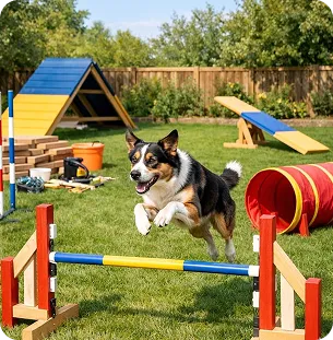 A dog clearing an agility hurdle on the grass