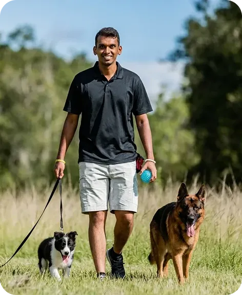 Keyur Parekh, K9 behaviourist at Kutty Paws, walking two dogs